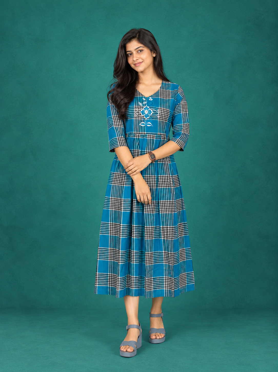 Premium Cotton Checked Frock in Blue | Embroidered Floral Design | Elegant A-Line Flared Dress