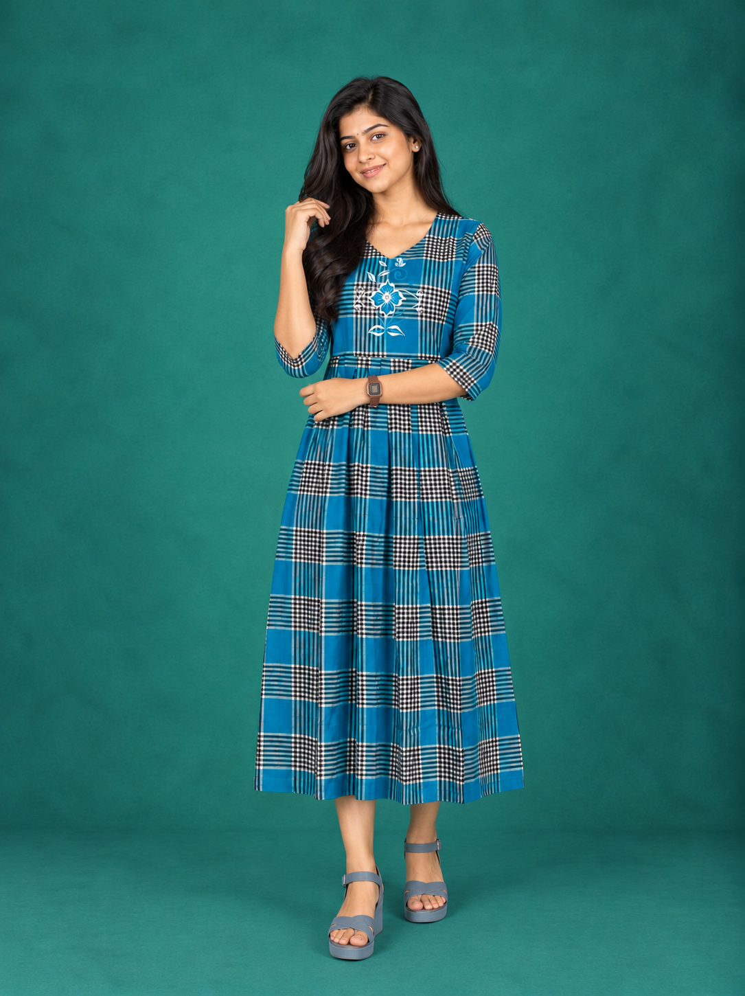 Premium Cotton Checked Frock in Blue | Embroidered Floral Design | Elegant A-Line Flared Dress