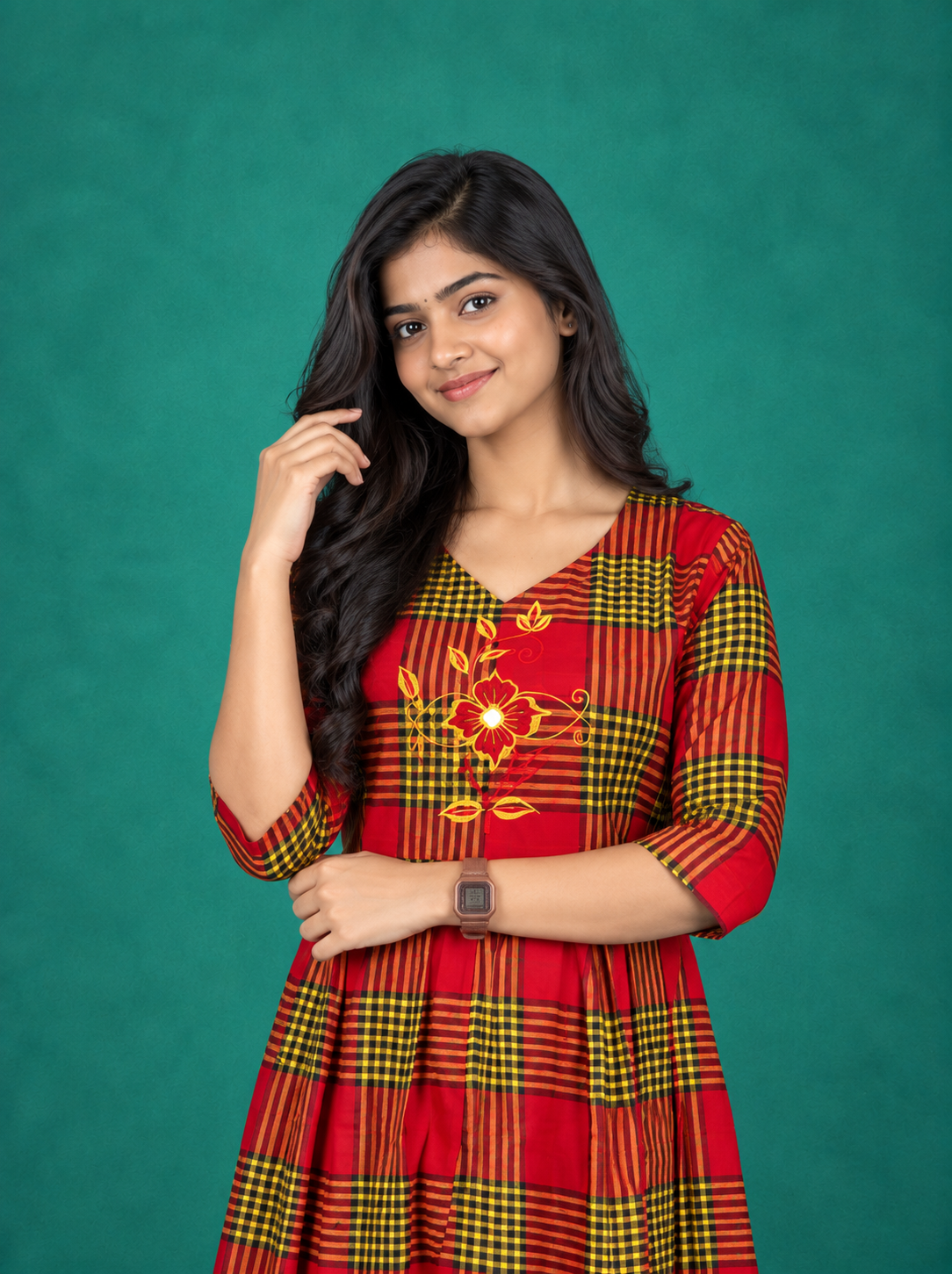Premium Cotton Checked Frock in Red | Embroidered Floral Design | Elegant A-Line Flared Dress