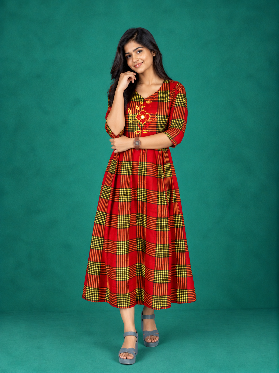 Premium Cotton Checked Frock in Red | Embroidered Floral Design | Elegant A-Line Flared Dress