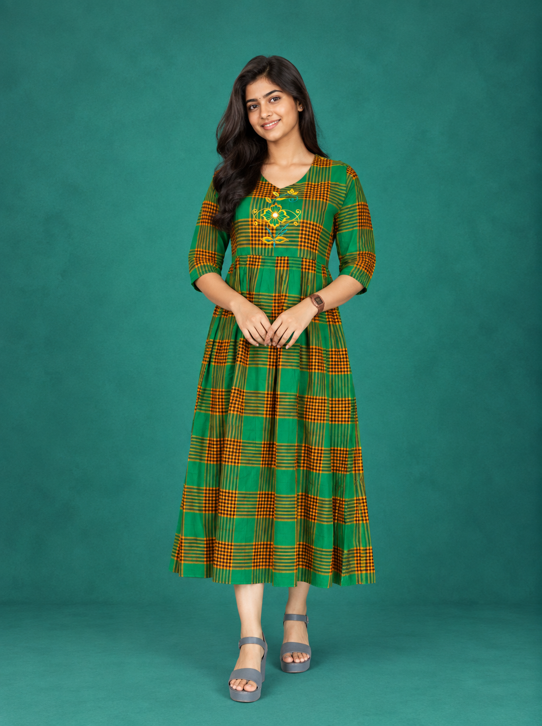 Premium Cotton Checked Frock in Green with Embroidered Floral Design | Elegant A-Line Flared Dress