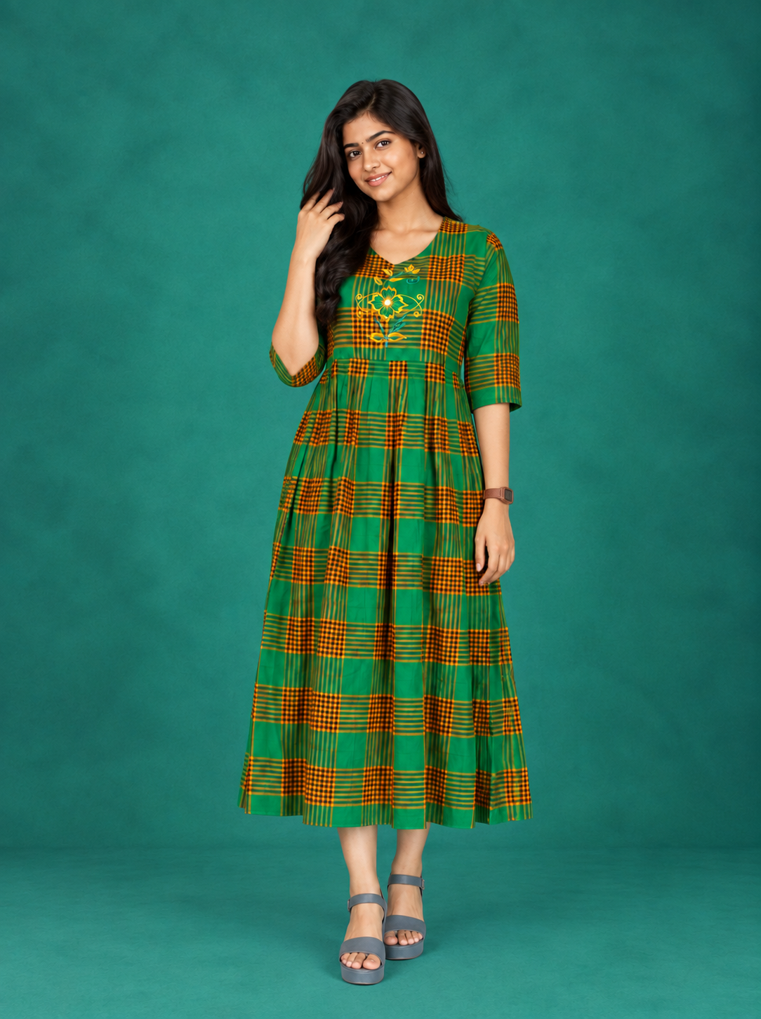 Premium Cotton Checked Frock in Green with Embroidered Floral Design | Elegant A-Line Flared Dress