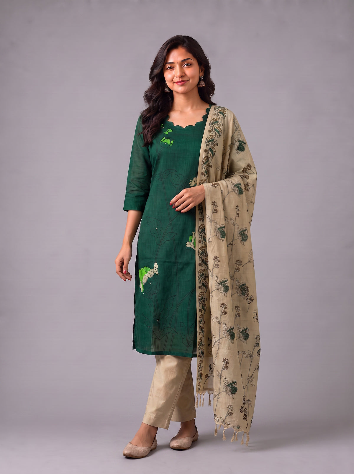 Premium Dark Green Cotton 3PC Kurti Set with Classic Floral Design, Mirror Finishing | Knots Bottom, Beige Printed Dupatta | Ready to Wear