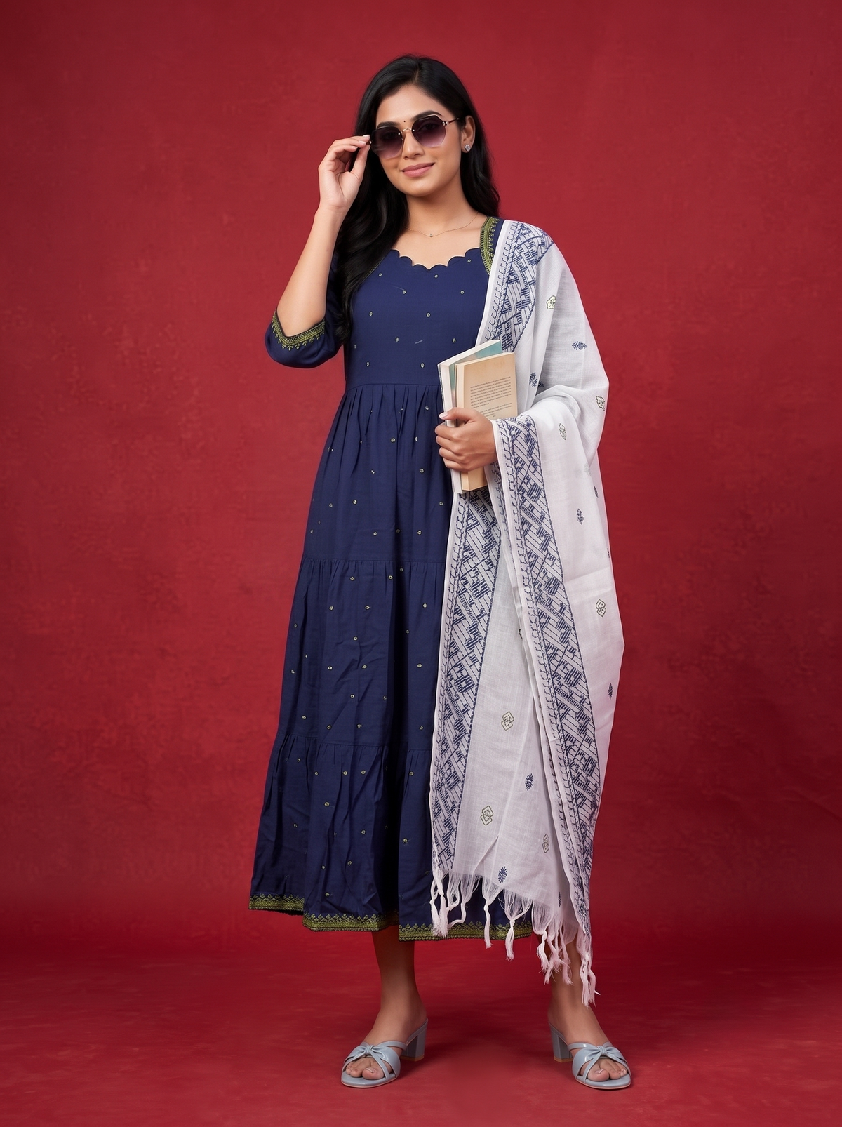 Designer Anarkali 2PC Set with Dupatta in Navy Blue | Elegant Tiered Frock Design