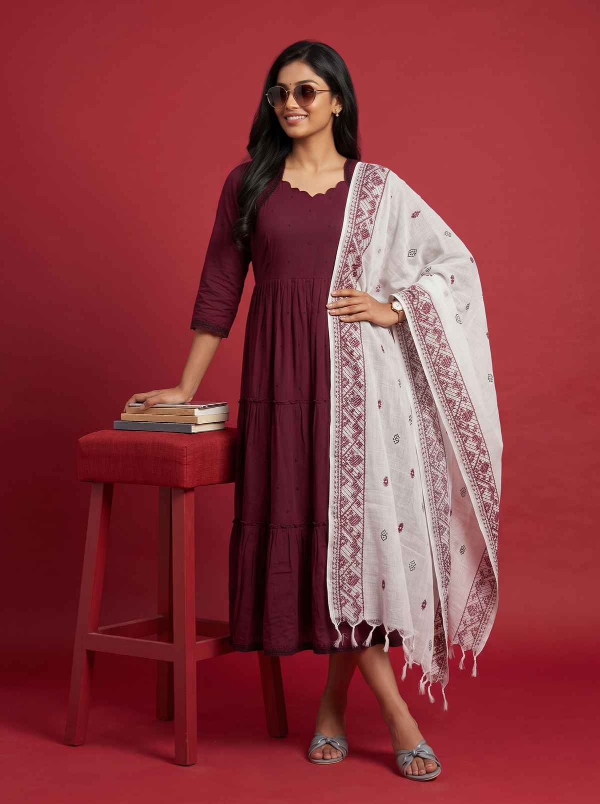 Designer Anarkali 2PC Set with Dupatta in Wine Maroon | Elegant Tiered Frock Design