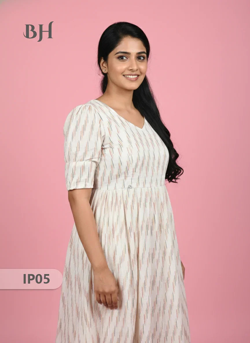 Pochampally Ikkath Feeding Frock – White Cotton Frock with Half Lining