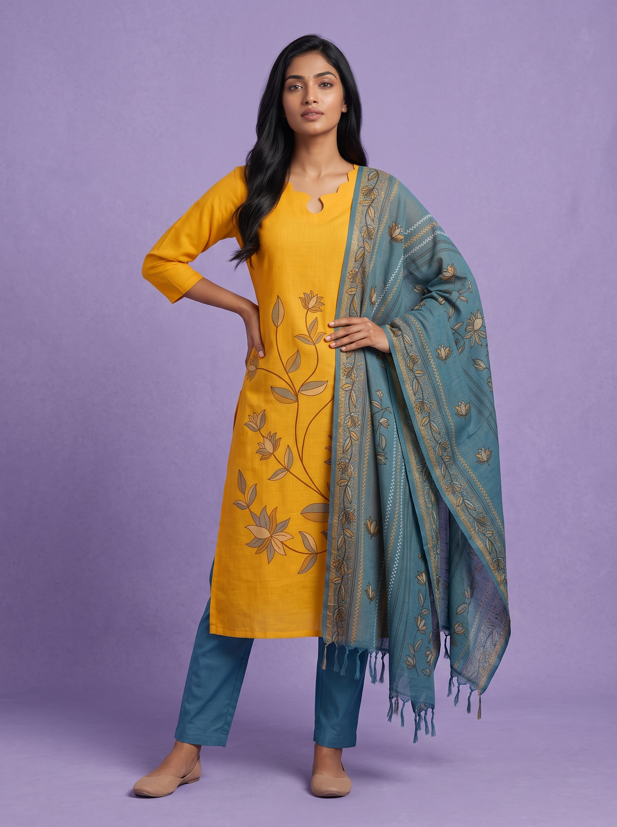 Premium Cotton Kurti Set with Floral Printed Design in Mustard Yellow | Scallop Notch Neckline