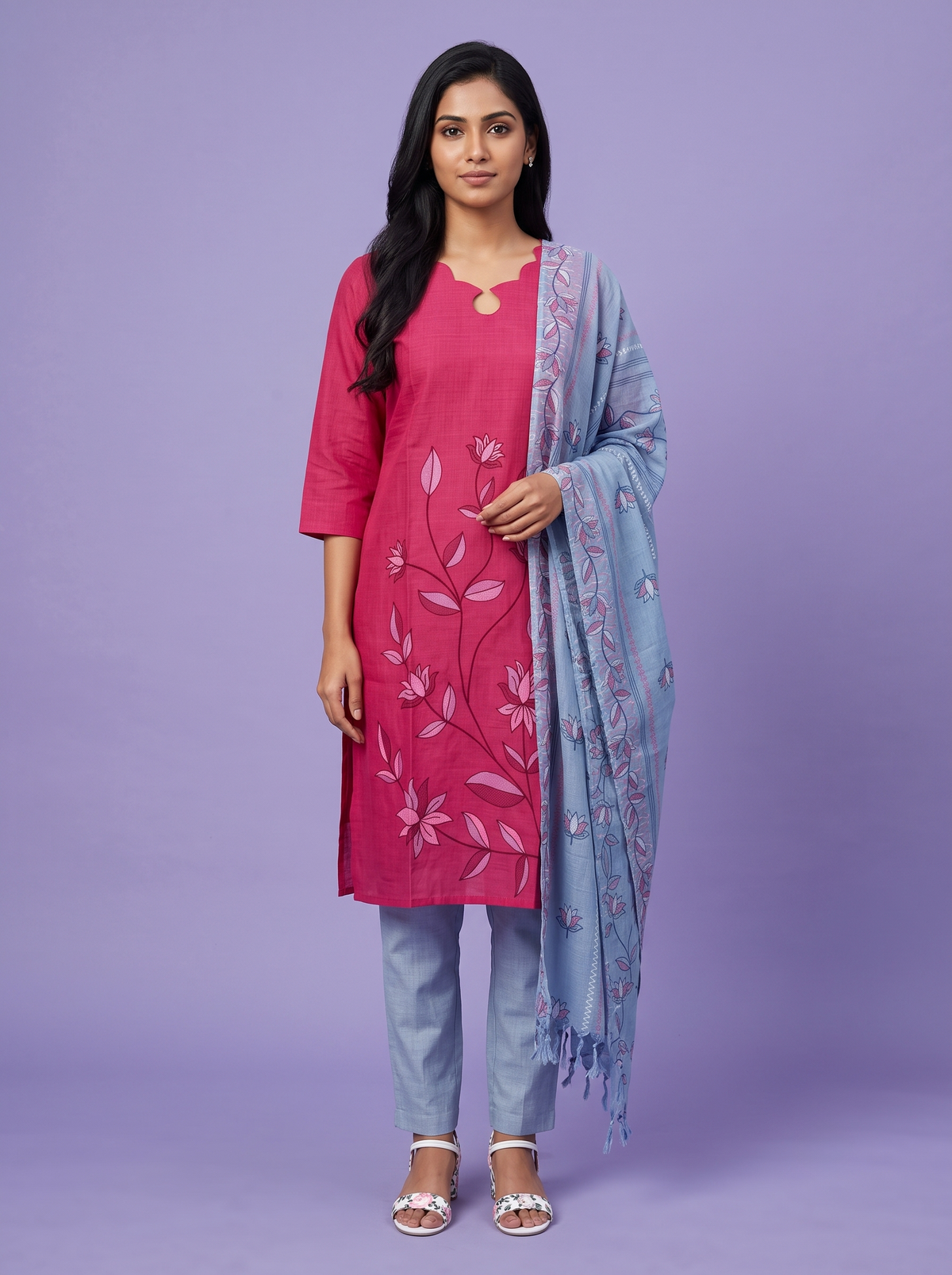 Premium Cotton Kurti Set with Floral Printed Design in Rani Pink | Scallop Notch Neckline