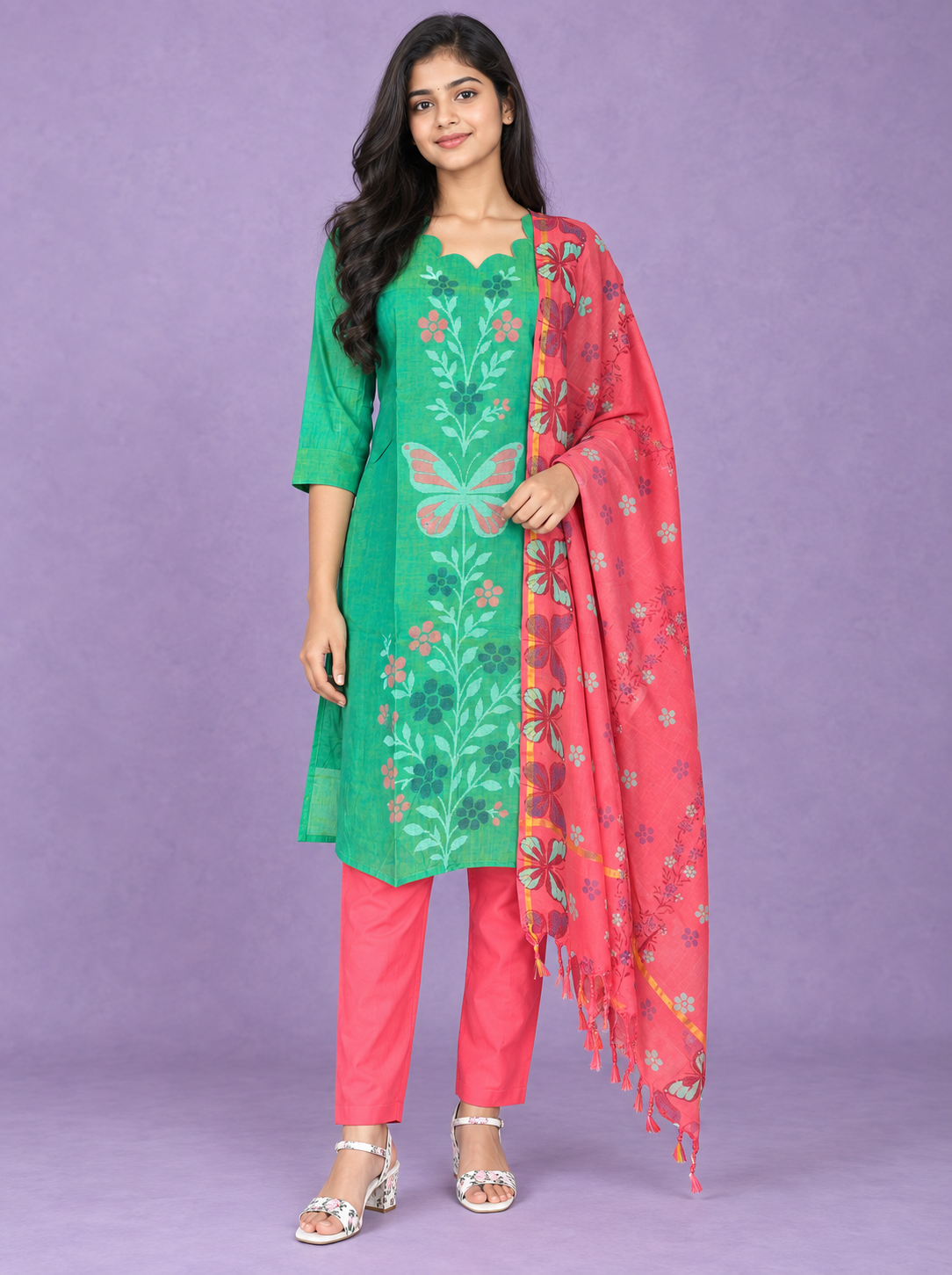 Premium Cotton Kurti Set with Floral & Butterfly Printed Design in Green | Scallop Notch Neckline
