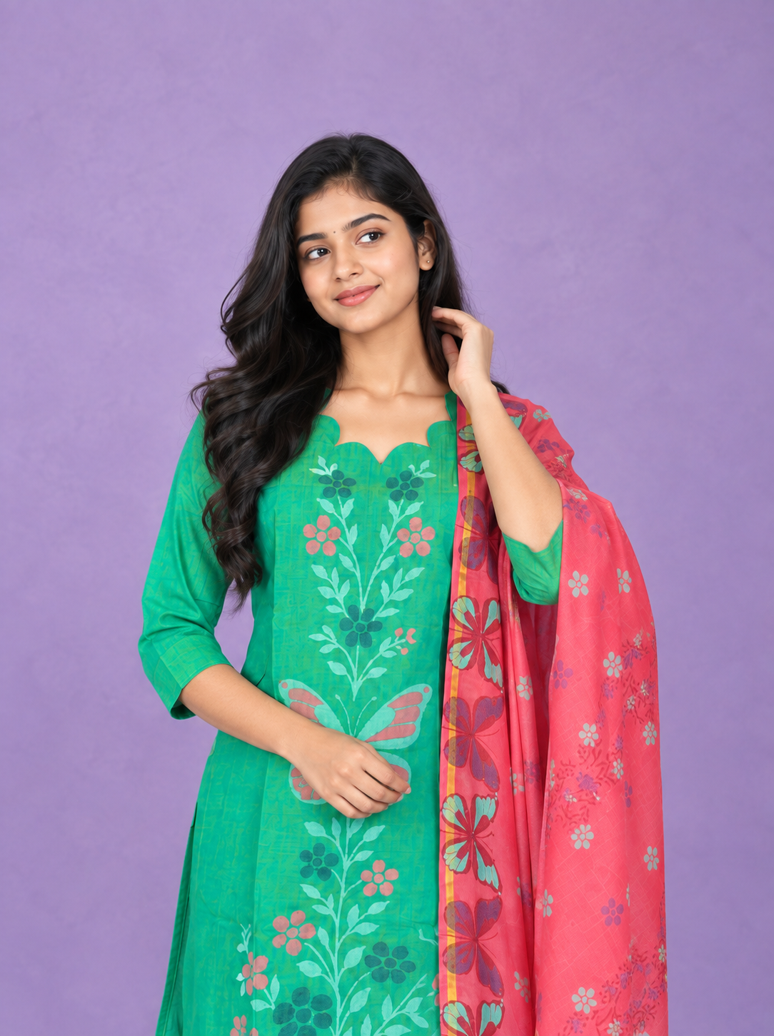 Premium Cotton Kurti Set with Floral & Butterfly Printed Design in Green | Scallop Notch Neckline