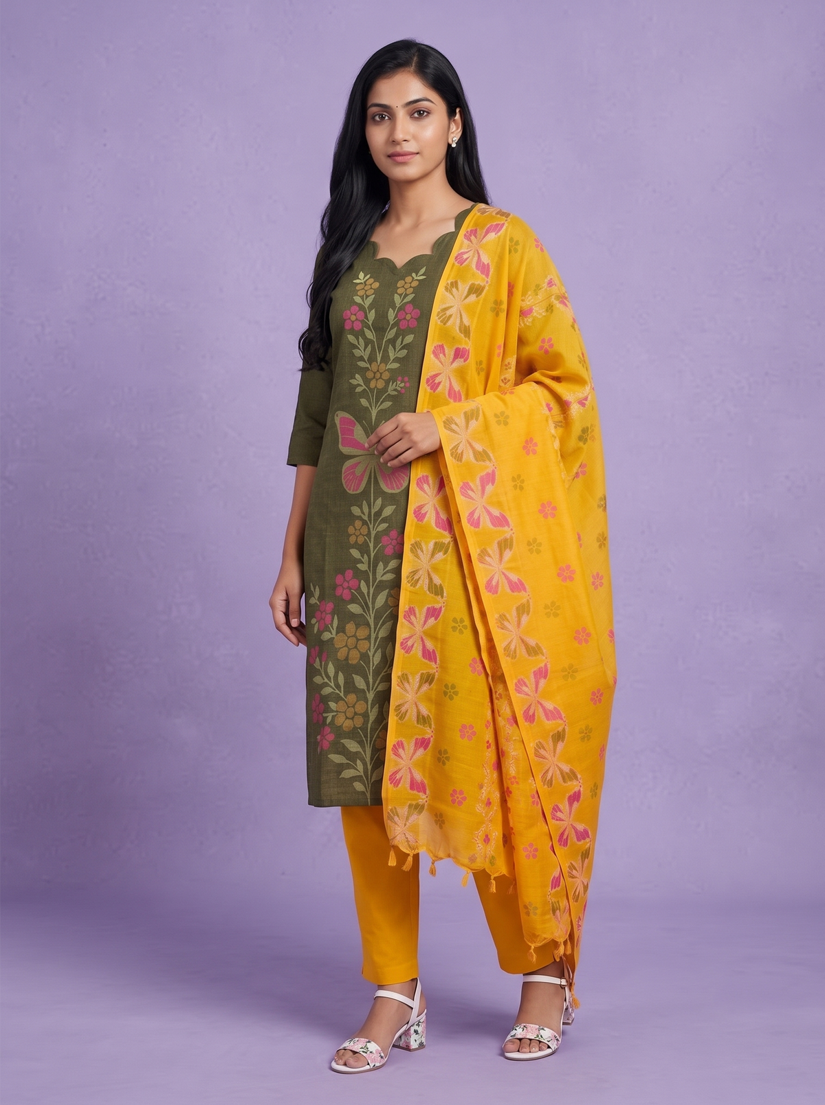 Premium Cotton Kurti Set with Floral & Butterfly Printed Design in Olive Green | Scallop Notch Neckline