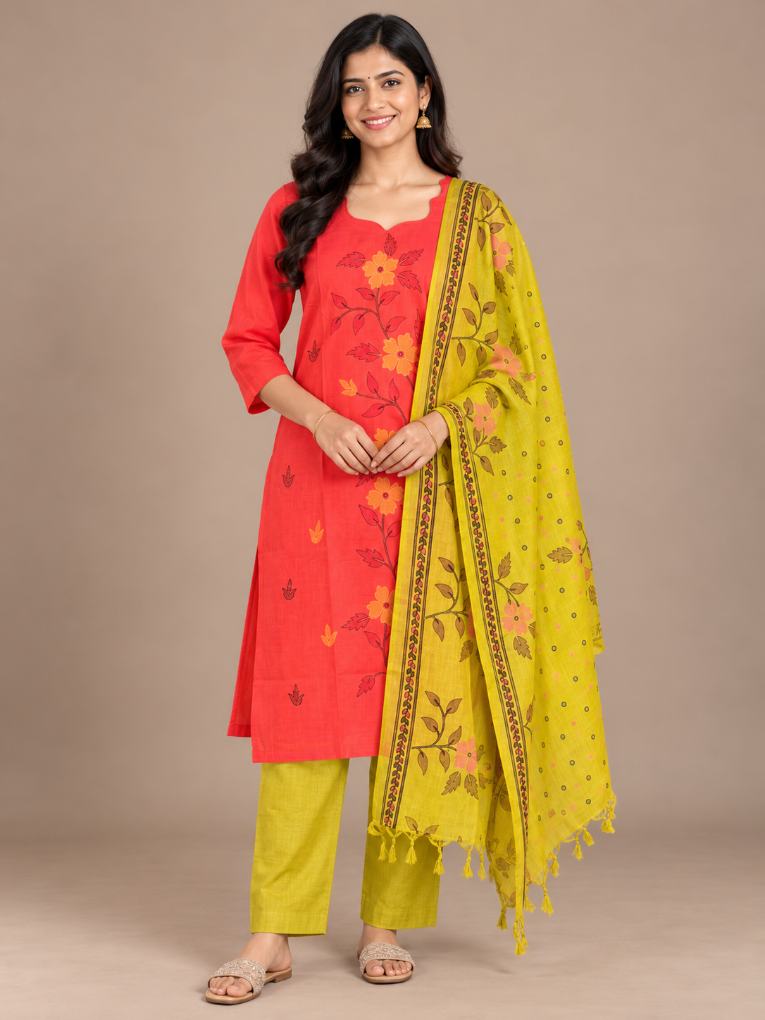 Premium Floral Print Cotton 3PC Kurti Set in Coral Red & Mustard Yellow | Cut Work Neck Design | Free Style Bottom | Ready to Wear