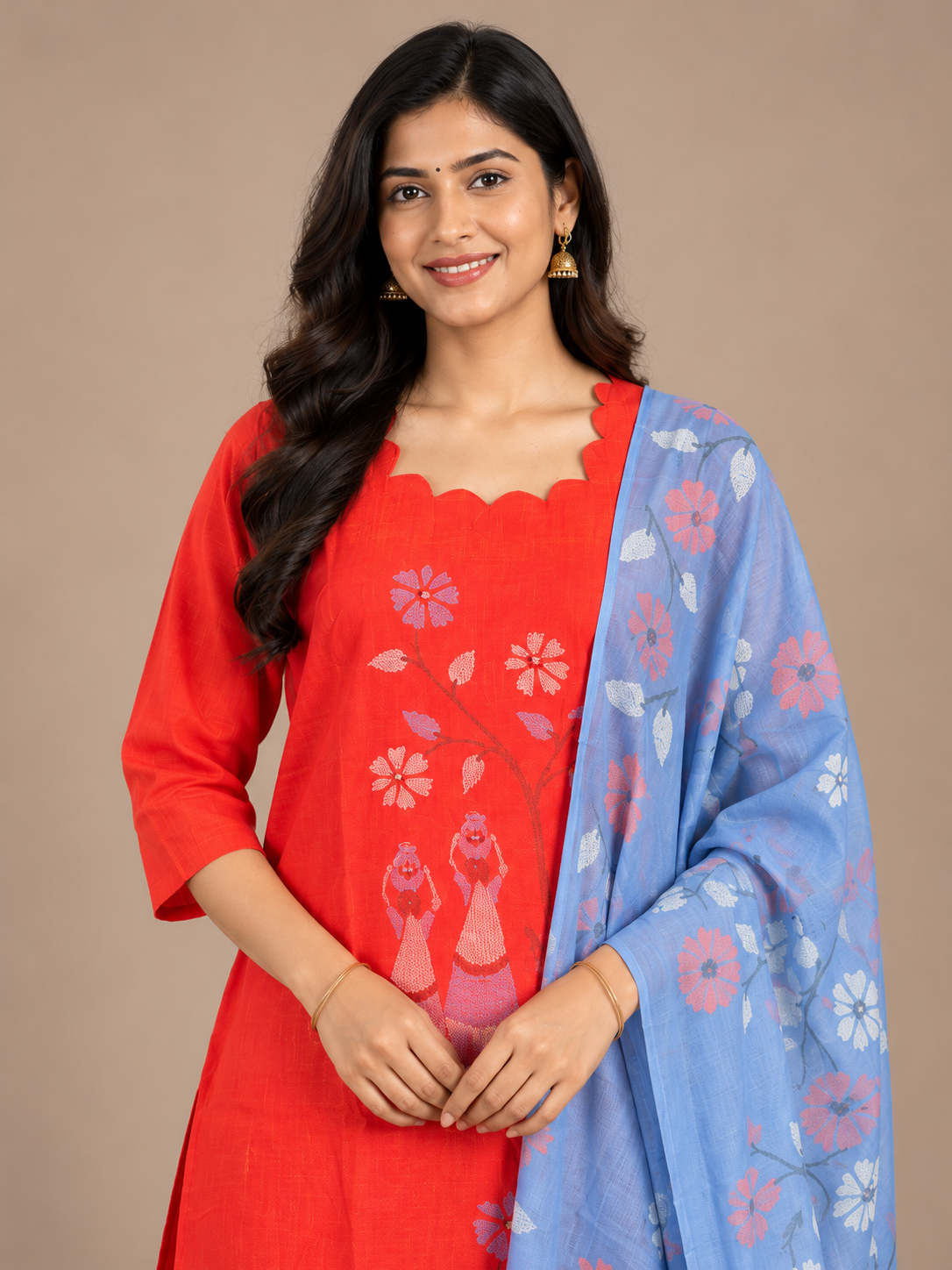Traditional Gollabhama Print Cotton 3PC Kurti Set in Red Colour | Cut Work Neck Design | Free Style Bottom | Ready to Wear