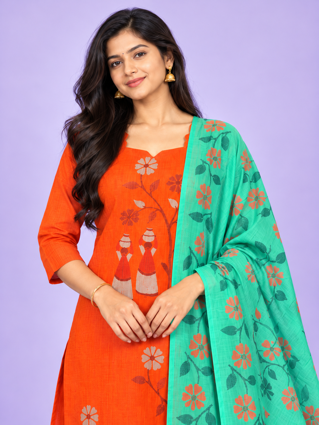 Traditional Gollabhama Print Cotton 3PC Kurti Set in Bright Orange & Turquoise Green | Cut Work Neck Design | Free Style Bottom | Ready to Wear