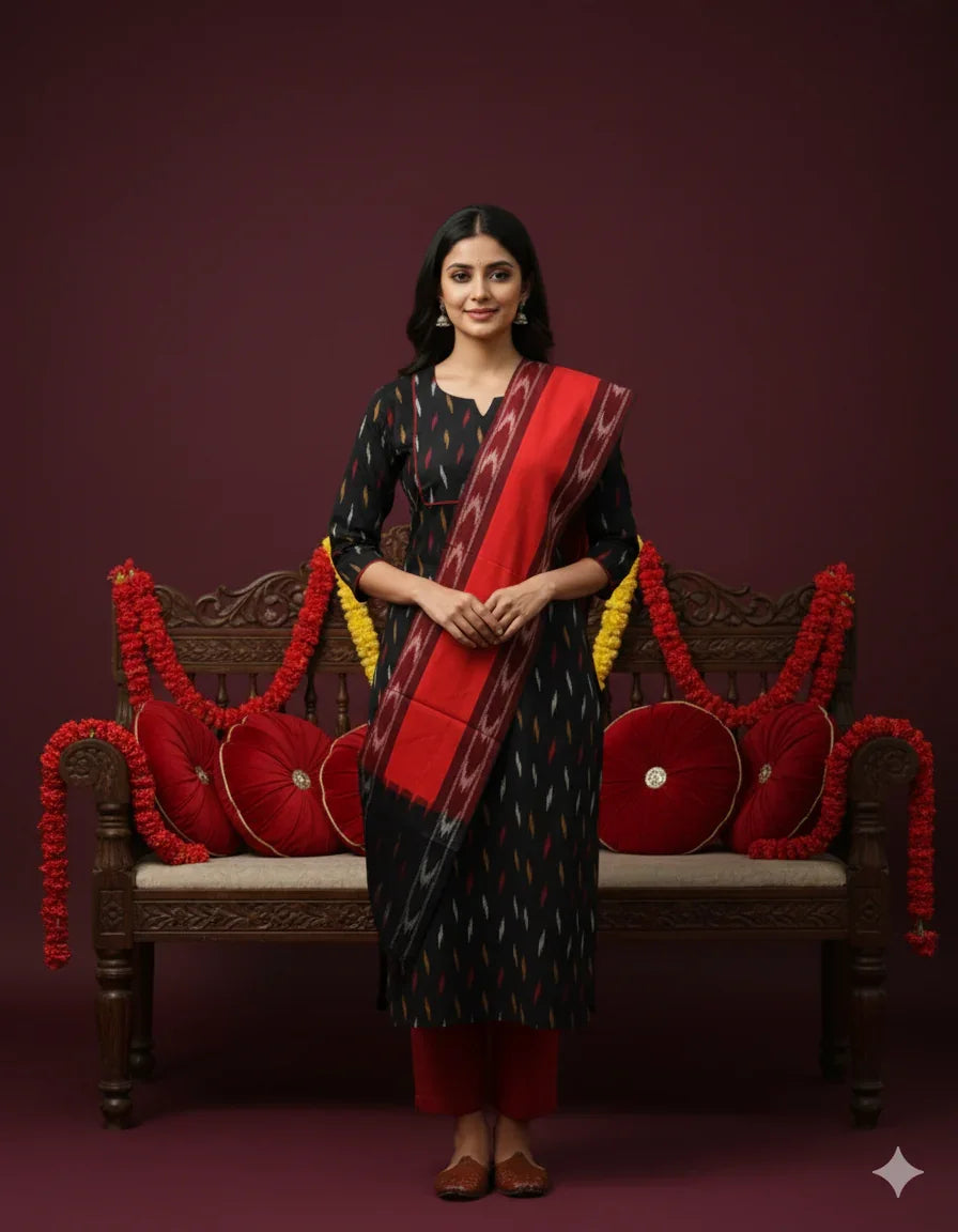 Premium Ikkat 3 Piece Stitched Set – Ready to Wear Kurta, Bottom & Dupatta – Black Colour Handloom Ethnic Wear