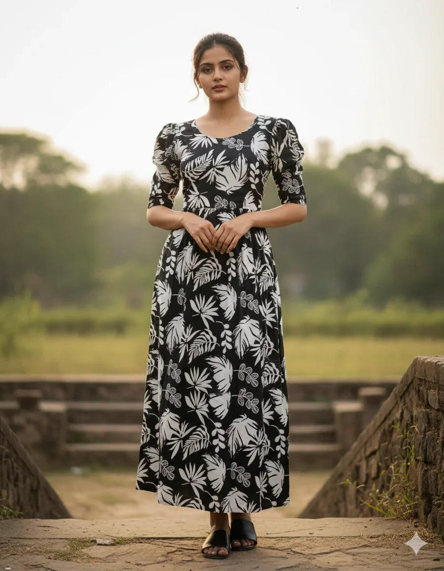 Premium Mul Cotton Frock Black – Puff Sleeve Design with Knots, Zero Shrinkage