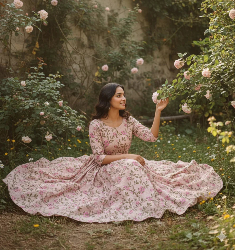 Pastal Baby Pink Floral Long Anarkali Frock – Umbrella Flair Design