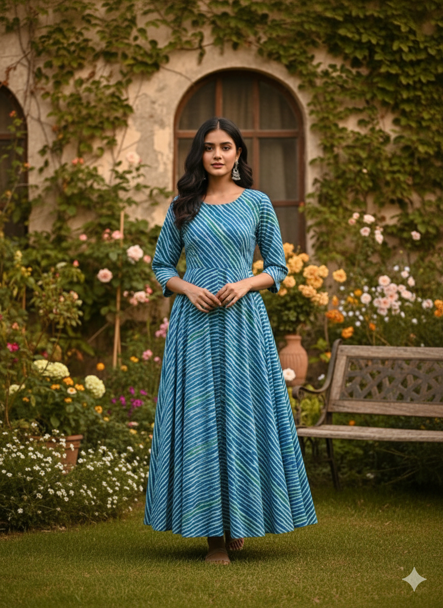 Graceful Sky Blue Striped Anarkali Umbrella Style Frock Bhavana Handlooms Graceful Sky Blue Striped Anarkali Umbrella Style Frock Bhavana Handlooms