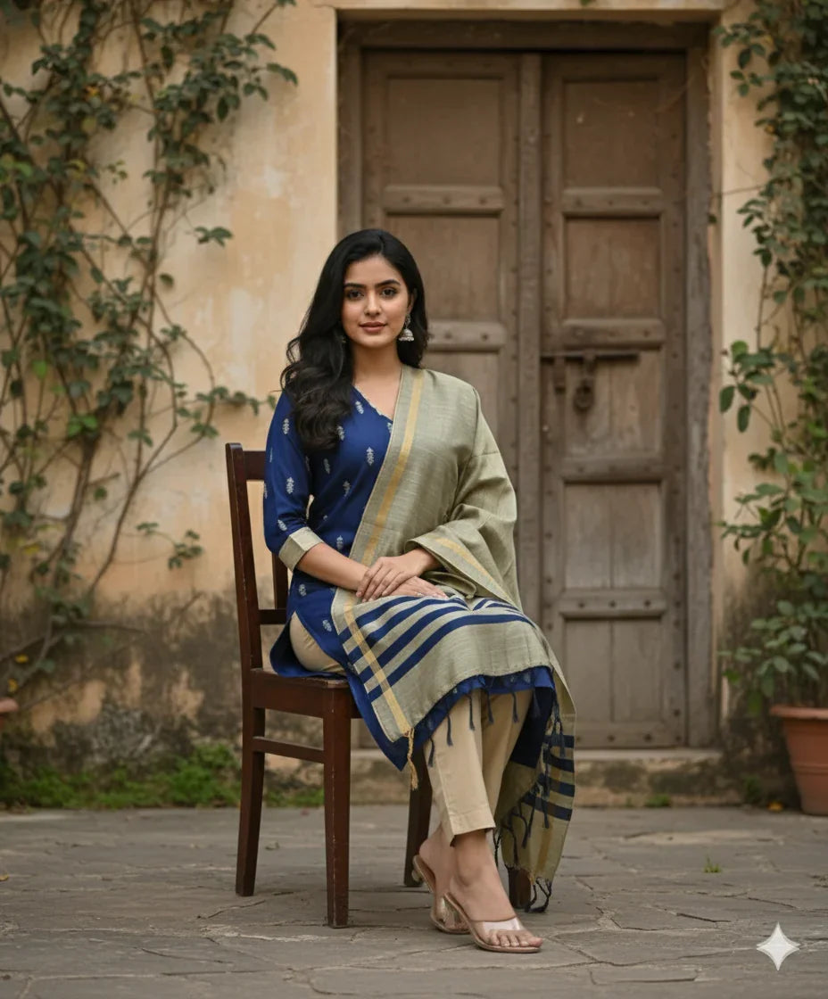 Raw Silk 3pc KurtiSet With Blue Colour Full Length Lining | Gold Dupatta