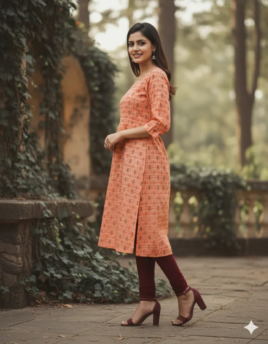 Premium Cotton Straight Cut Kurti – Orange Floral Print Design for Women