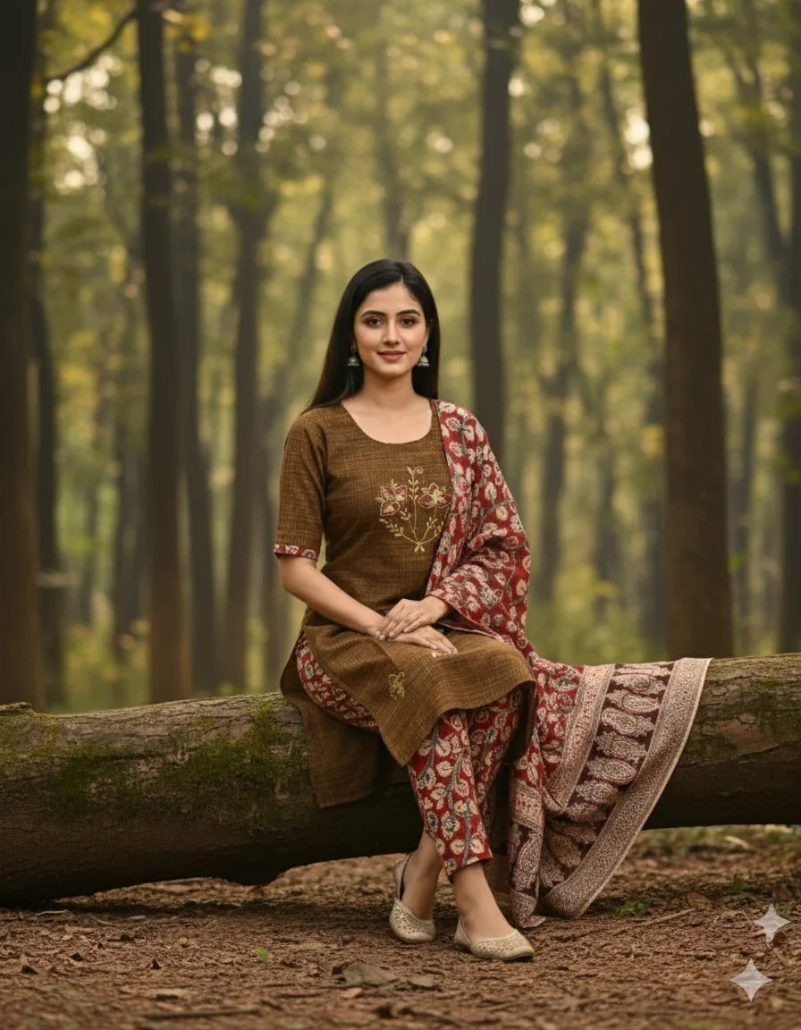 Kalamkari 3pc Set with Embroidery & Mirror Work Dark Brown