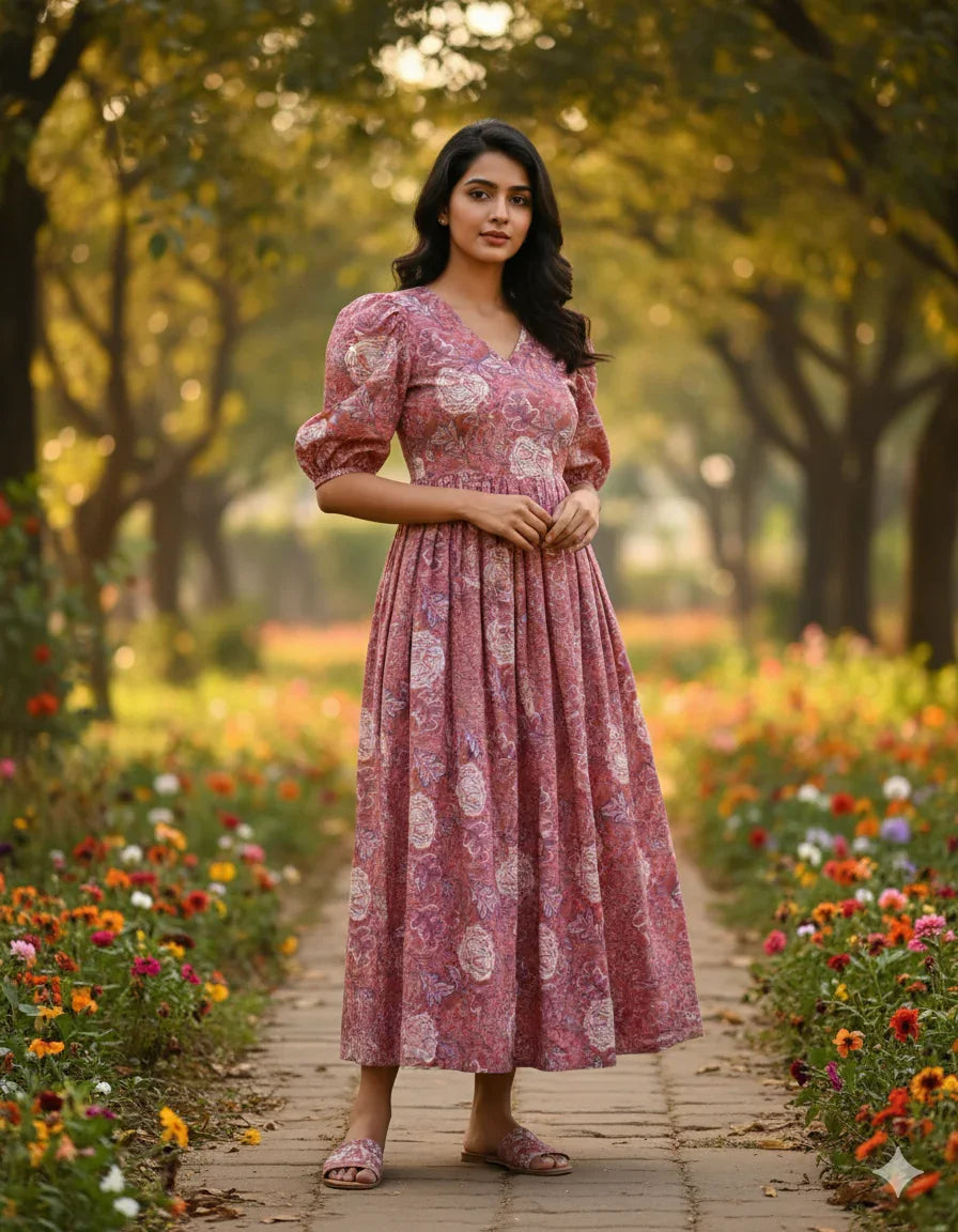 Premium Mul Cotton Frock Grey Pink – Puff Sleeve Design with Knots, Zero Shrinkage
