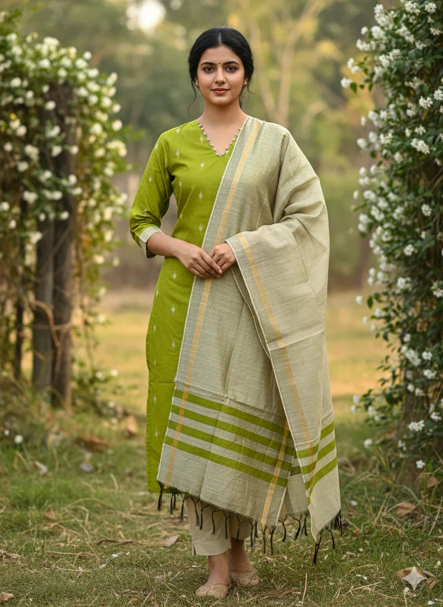 Raw Silk 3pc KurtiSet With Green Colour Full Length Lining | Gold Dupatta