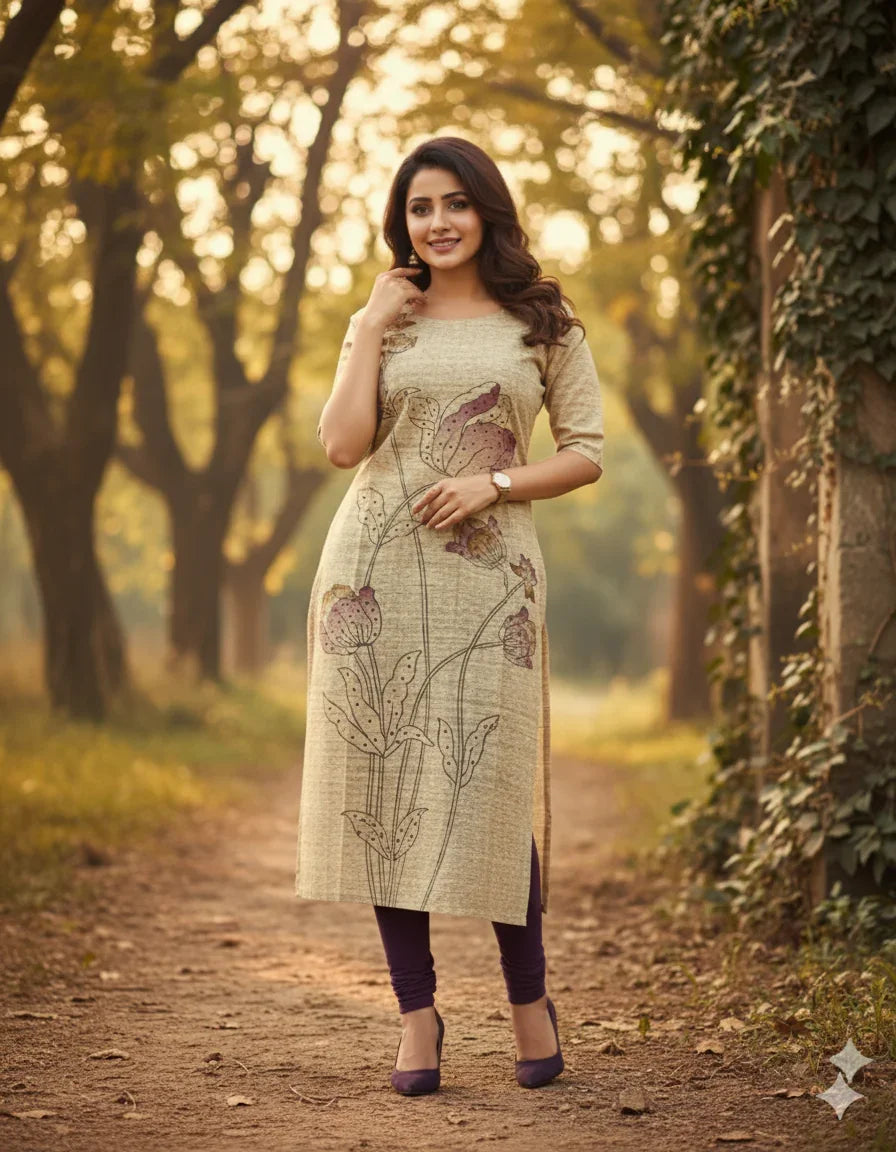 Premium Straight Cut Kurti – Wheat Colour with Beautiful Floral Print
