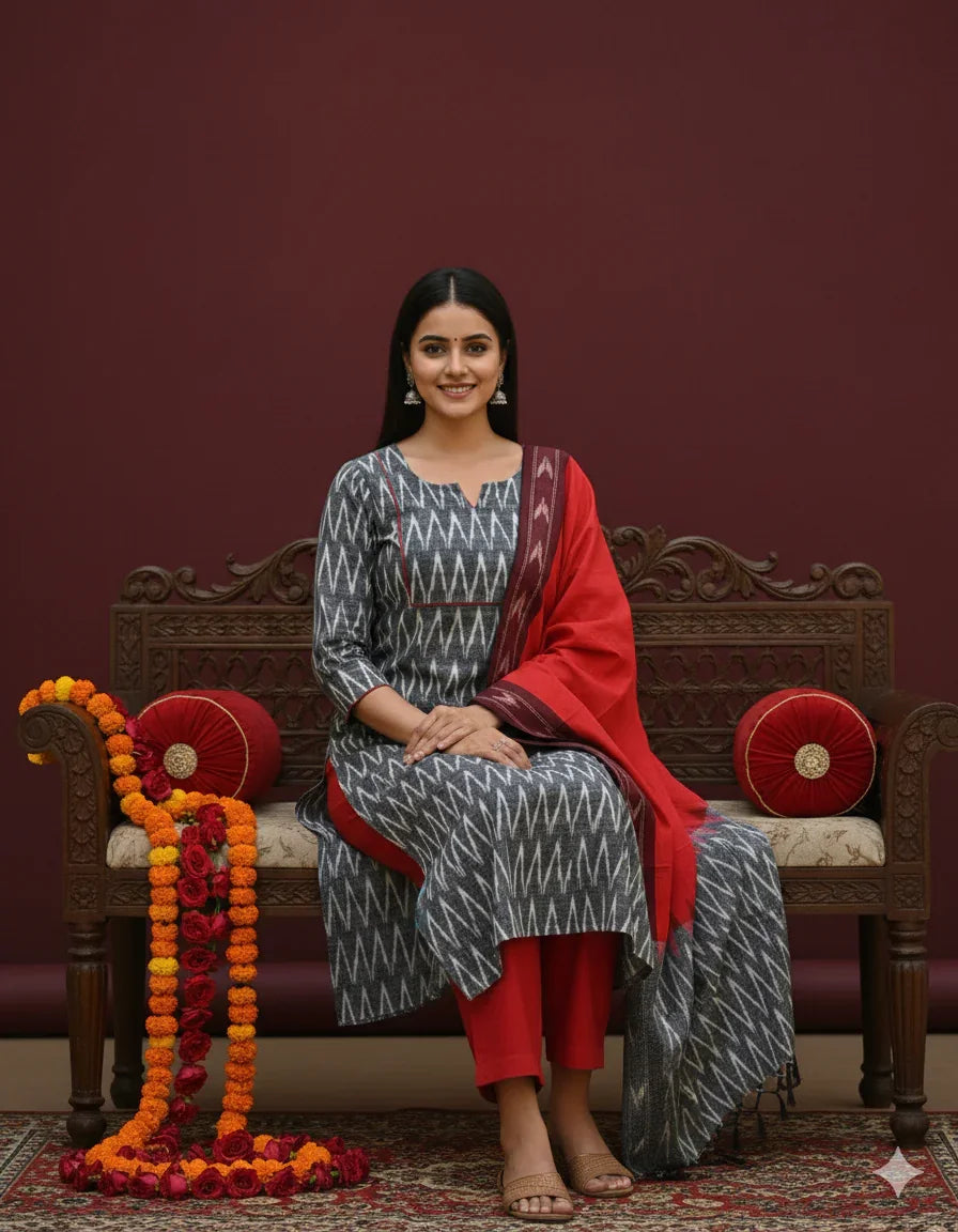 Premium Ikkat 3 Piece Stitched Set – Ready to Wear Kurta, Bottom & Dupatta –Light Gray Colour Handloom Ethnic Wear