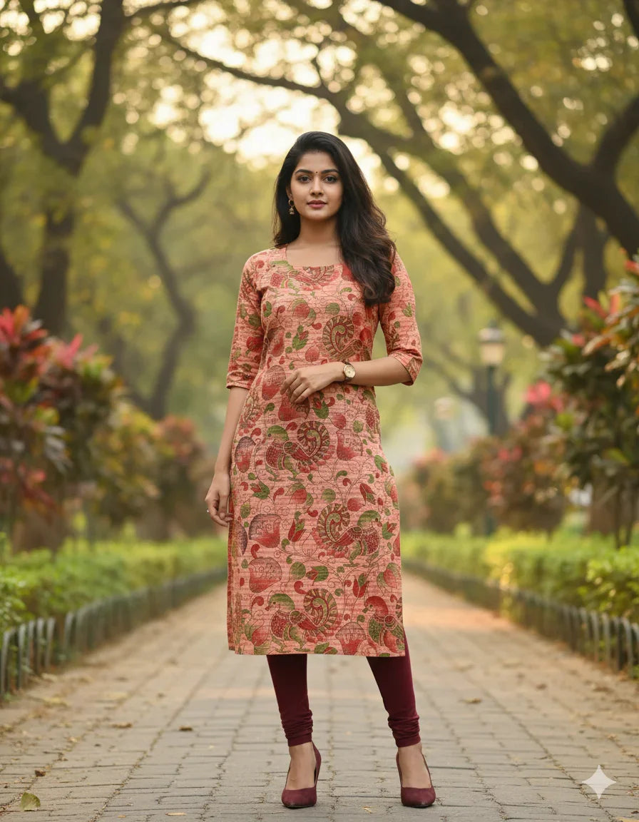 Premium Straight Cut Kurti – Peach Colour with Beautiful Floral Print