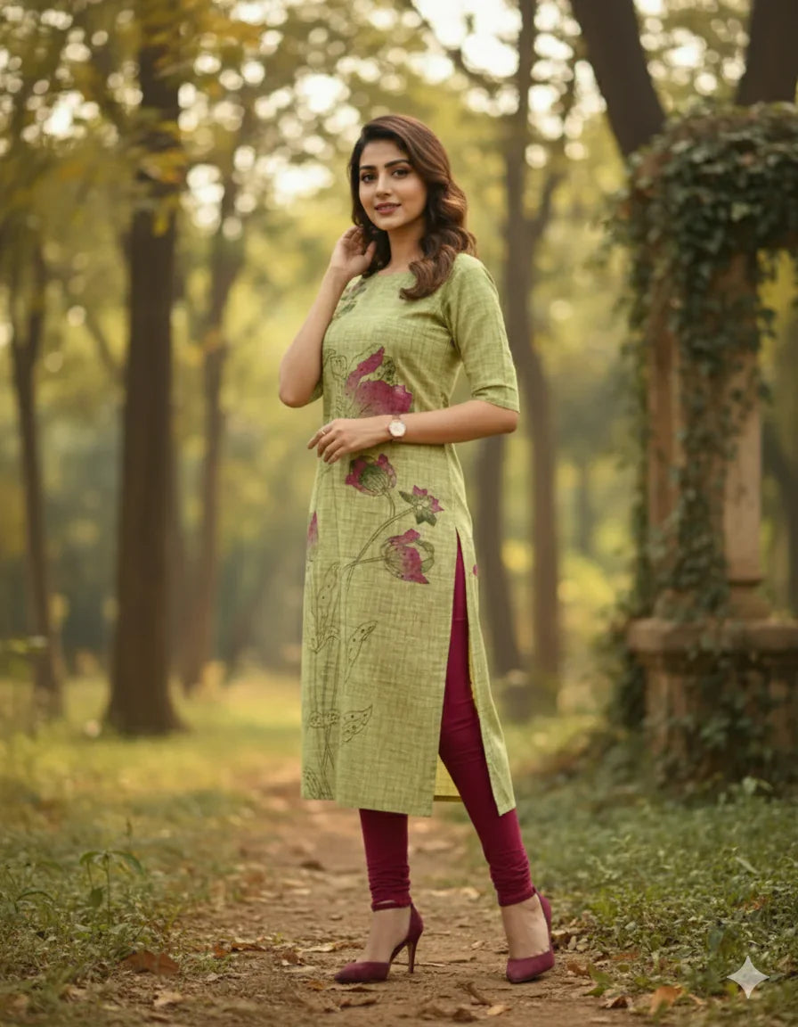 Premium Straight Cut Kurti – Pesara Green Colour with Beautiful Floral Print
