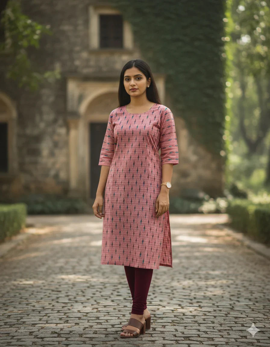 Premium Cotton Straight Cut Kurti – Pink Floral Print Design for Women