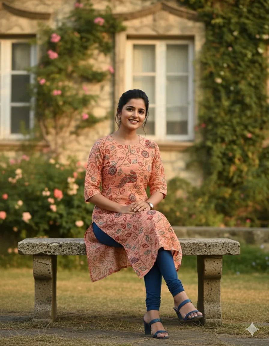 Premium Cotton Straight Cut Kurti – Clay Floral Print Design for Women