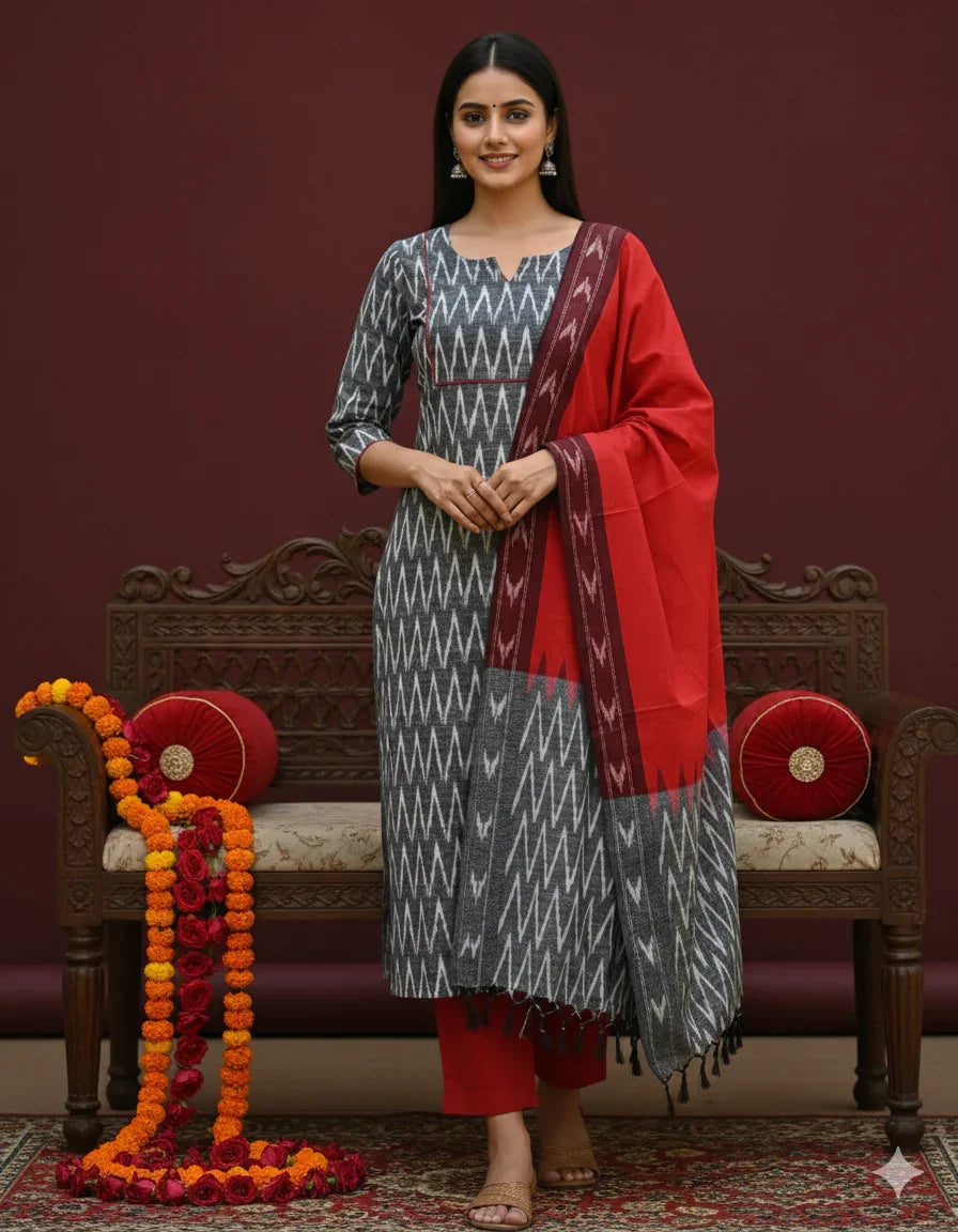 Premium Ikkat 3 Piece Stitched Set – Ready to Wear Kurta, Bottom & Dupatta –Light Gray Colour Handloom Ethnic Wear