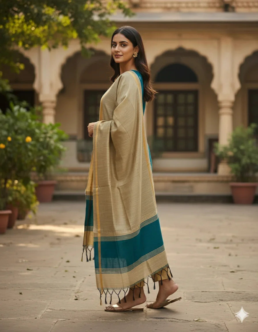 Raw Silk 3pc KurtiSet With Sea Blue Colour Full Length Lining | Gold Dupatta