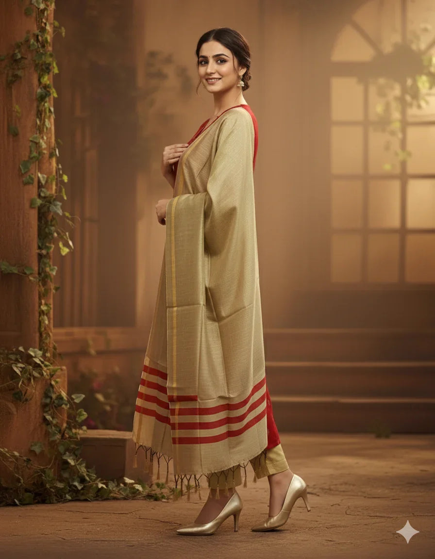 Raw Silk 3pc KurtiSet With Red Colour Full Length Lining | Gold Dupatta
