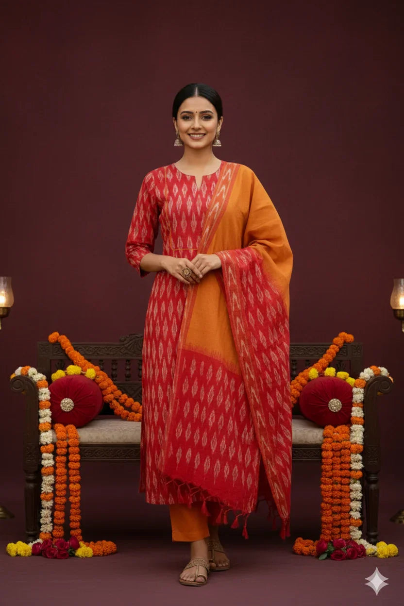 Premium Ikkat 3 Piece Stitched Set – Ready to Wear Kurta, Bottom & Dupatta – Red Colour Handloom Ethnic Wear