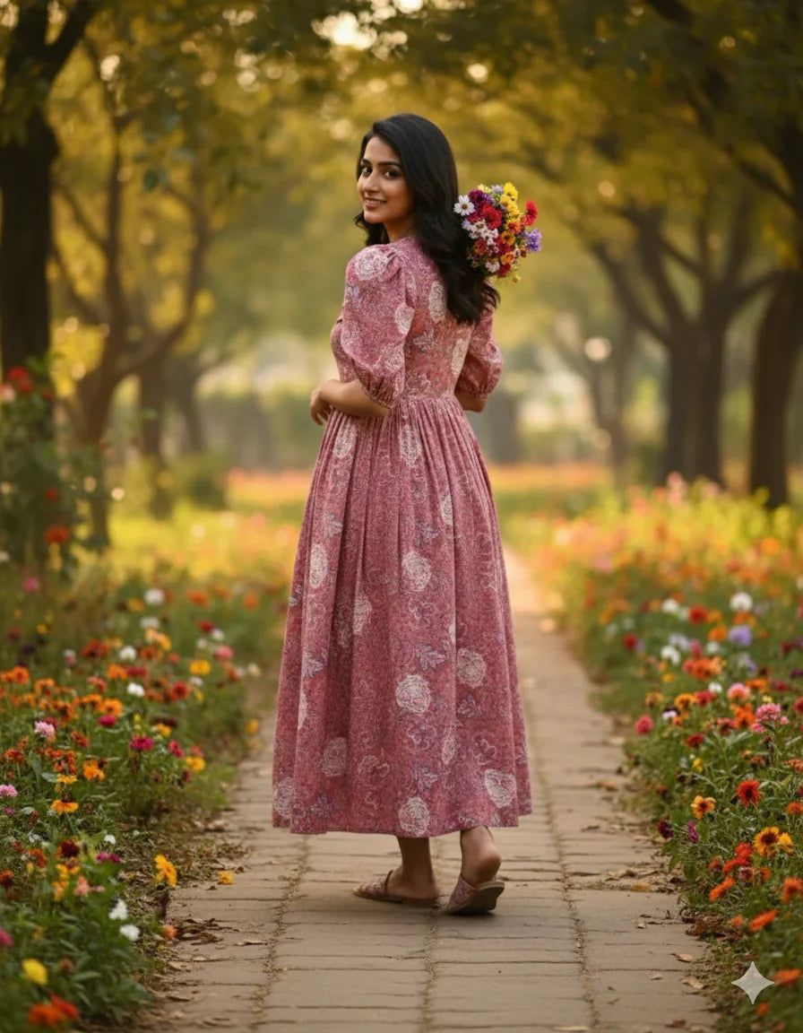 Premium Mul Cotton Frock Grey Pink – Puff Sleeve Design with Knots, Zero Shrinkage
