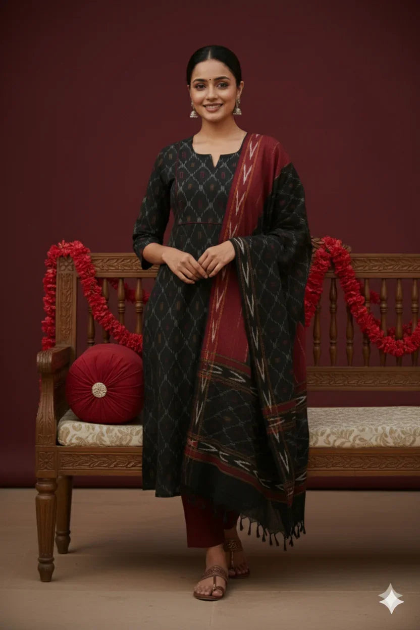 Premium Ikkat 3 Piece Stitched Set – Ready to Wear Kurta, Bottom & Dupatta – Black Colour Handloom Ethnic Wear