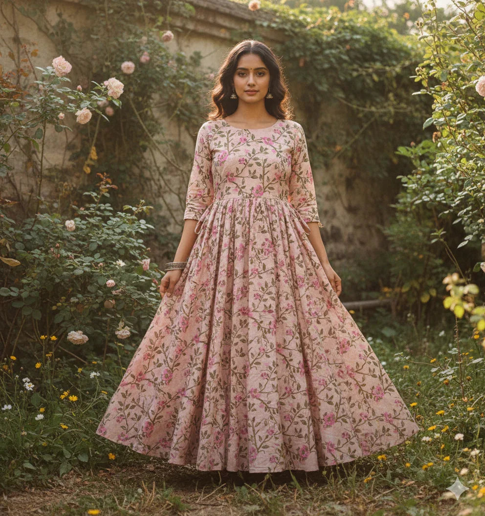 Pastal Baby Pink Floral Long Anarkali Frock – Umbrella Flair Design