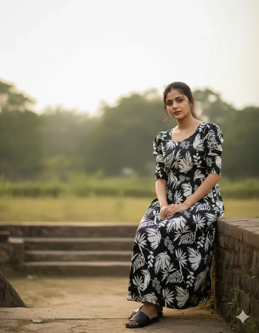 Premium Mul Cotton Frock Black – Puff Sleeve Design with Knots, Zero Shrinkage