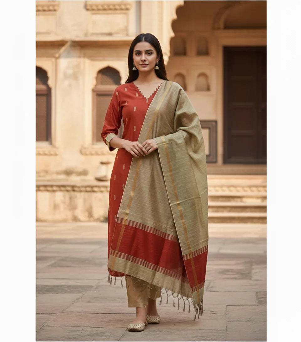 Raw Silk 3pc KurtiSet With Brick Colour Full Length Lining | Gold Dupatta