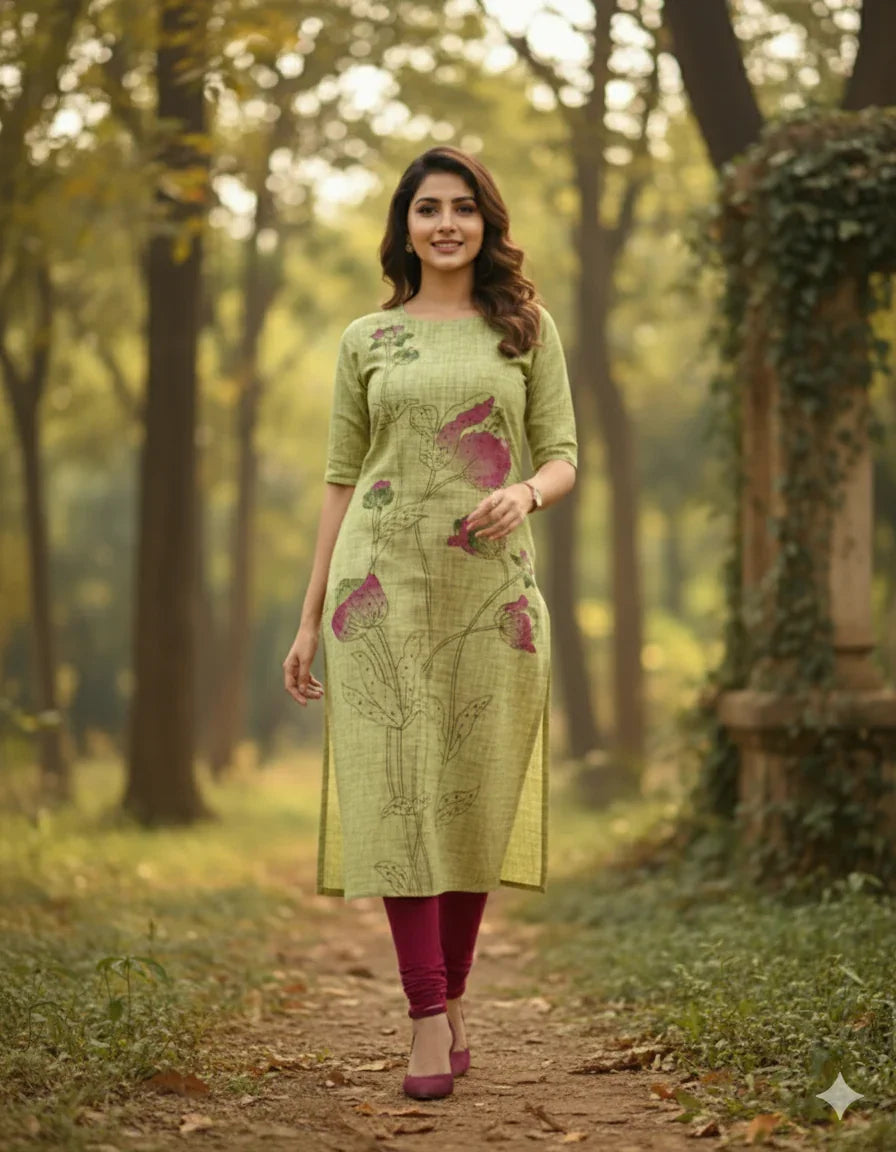 Premium Straight Cut Kurti – Pesara Green Colour with Beautiful Floral Print