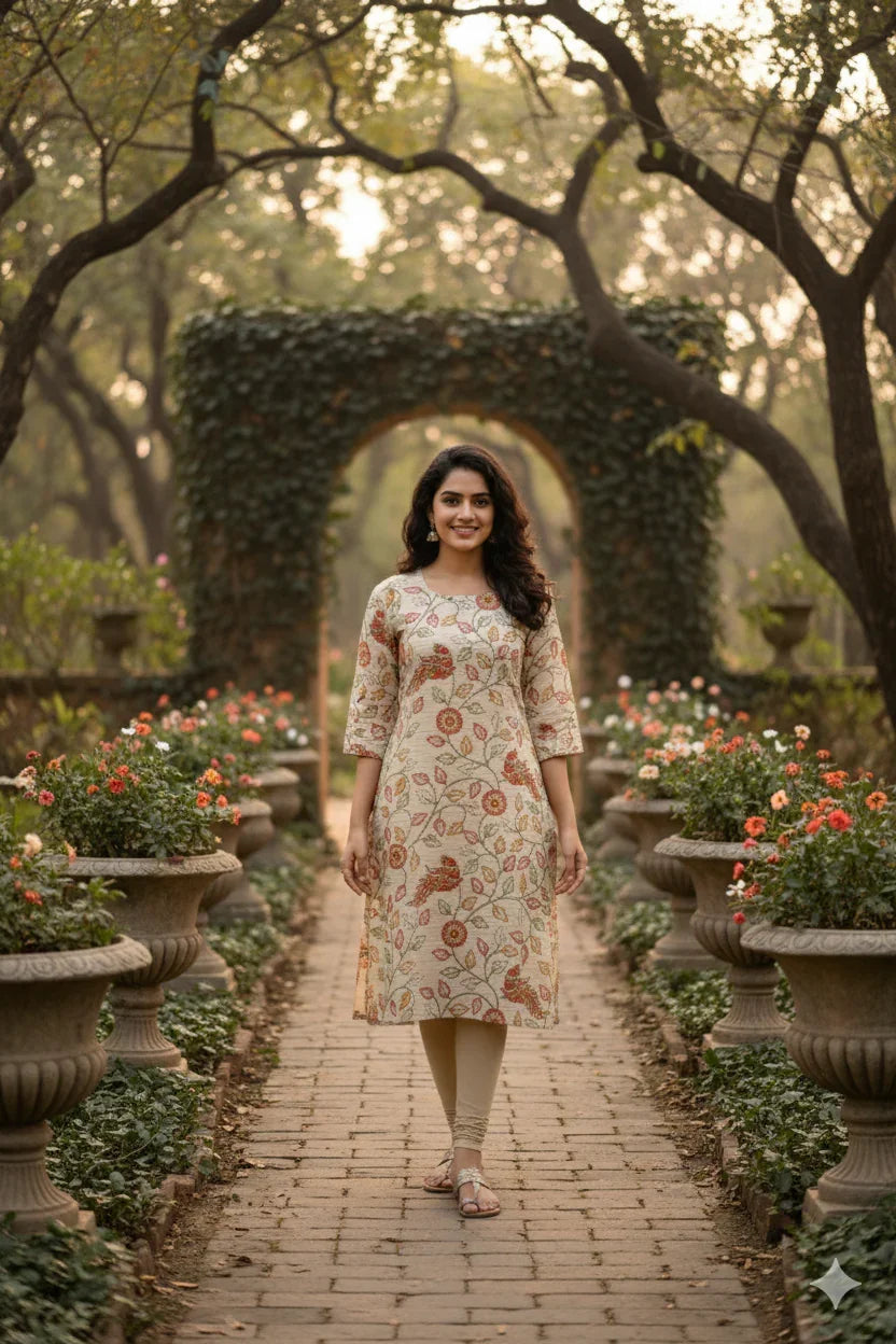 Premium Straight Cut Kurti – Cream Colour with Beautiful Floral Print