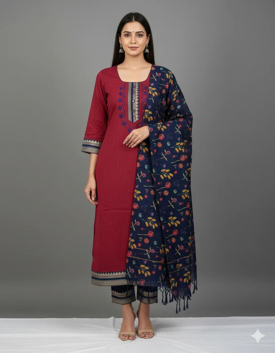 Mangalagiri Cotton Kurti Set Maroon – Straight Cut Style, Elbow Length Sleeves