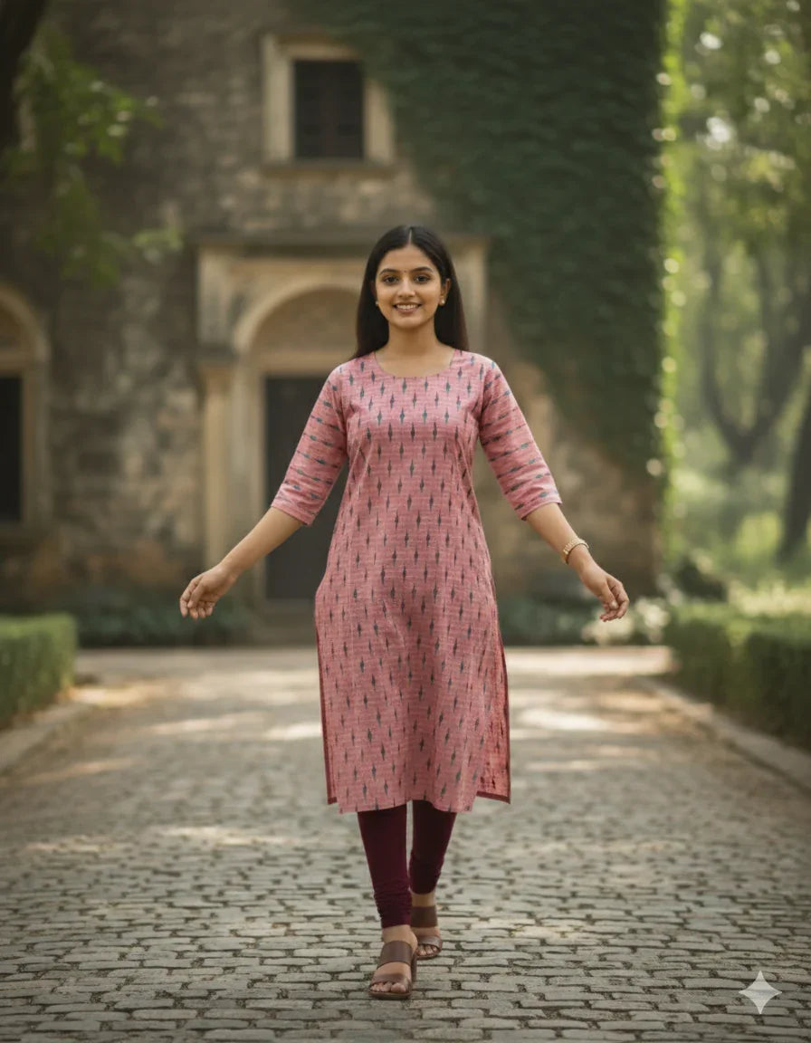 Premium Cotton Straight Cut Kurti – Pink Floral Print Design for Women