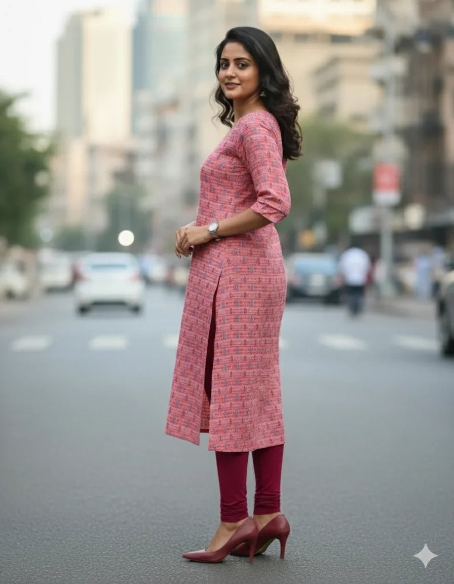 Premium Straight Cut Kurti – Pink Colour with Beautiful Floral Print