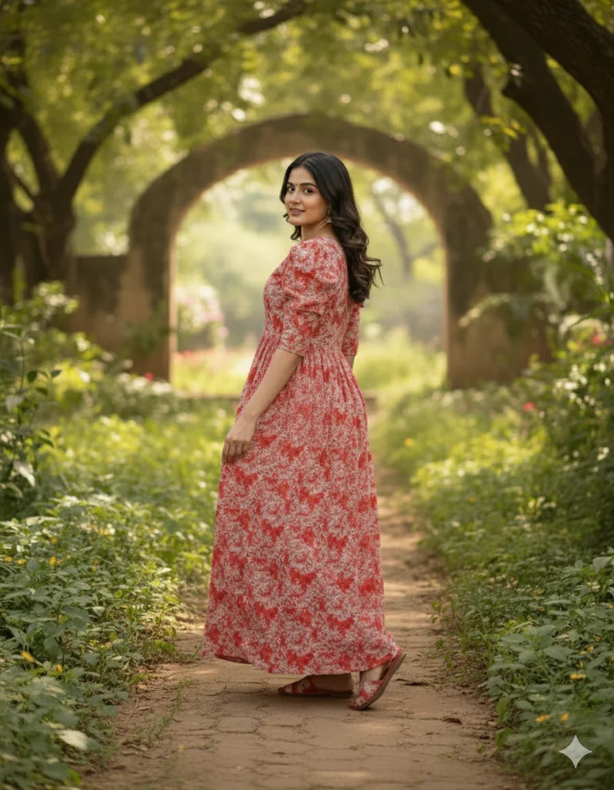 Premium Mul Cotton Frock Brunt Red – Puff Sleeve Design with Knots, Zero Shrinkage