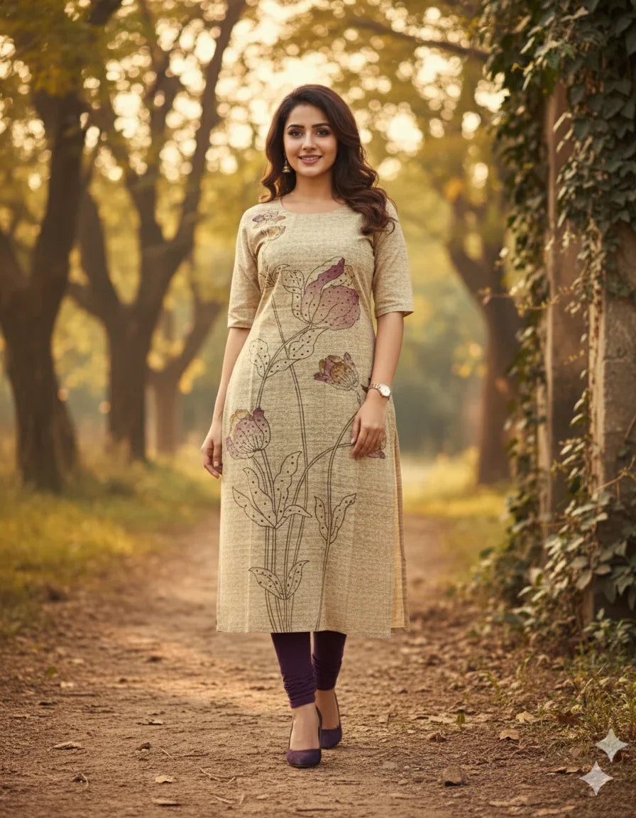 Premium Straight Cut Kurti – Wheat Colour with Beautiful Floral Print