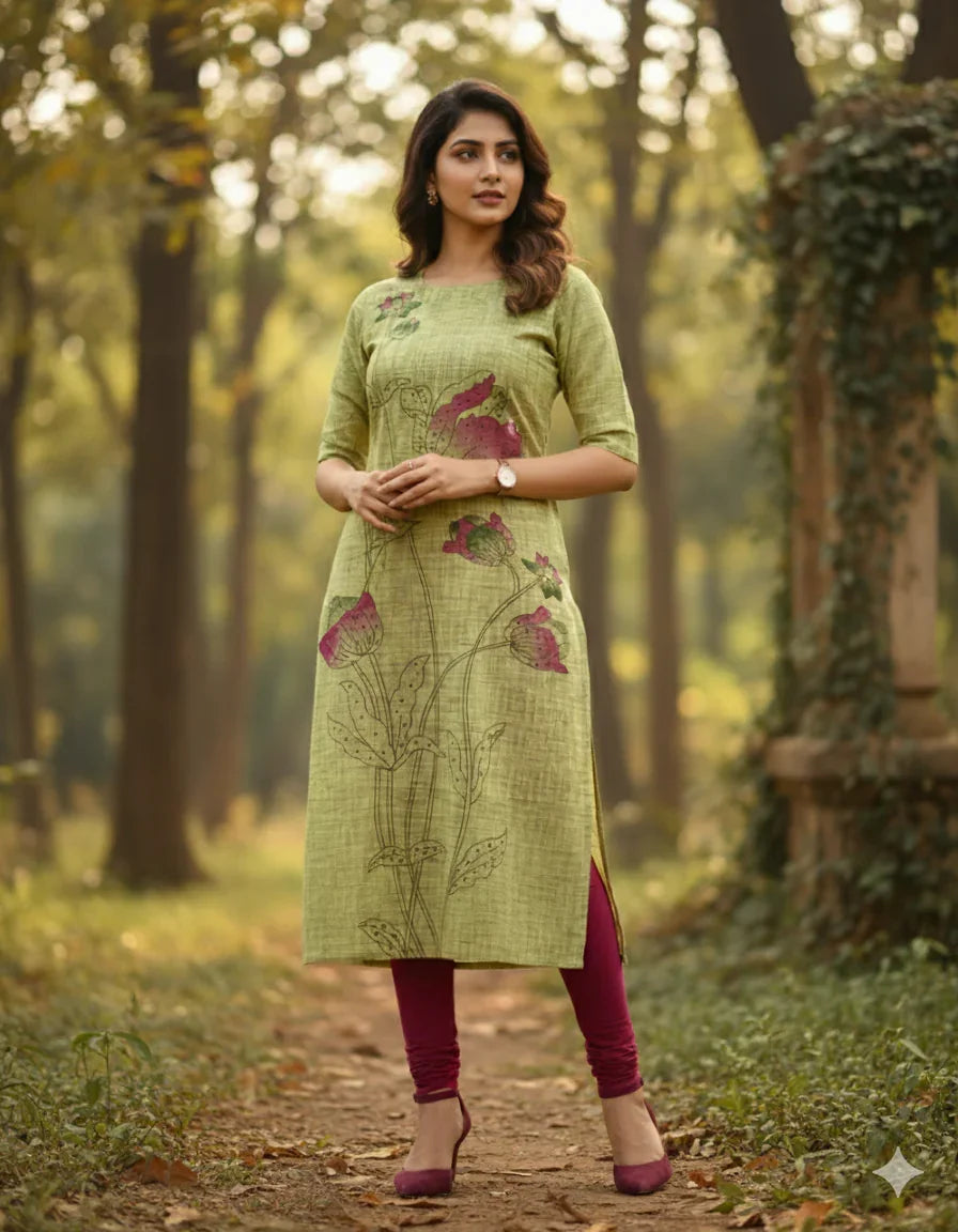 Premium Straight Cut Kurti – Pesara Green Colour with Beautiful Floral Print
